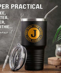 Man The Myth The Legend Monogram Stainless Steel Travel Tumbler For Men 30 Oz on table with straw and lid, personalized coffee gift
