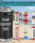 Personalized Slim Stainless Steel Can Coozie Holder For 12 Oz Slim Cans on beach with drinks