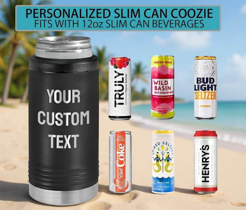 Personalized Slim Stainless Steel Can Coozie Holder For 12 Oz Slim Cans on beach with drinks