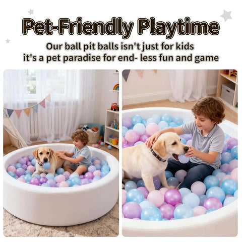 Child and dog in a ball pit, playing with Ball Pit Balls - 100pcs - Crush Proof Plastic Children's Toy Balls Macaron Ocean Balls for Birthday Parties.
