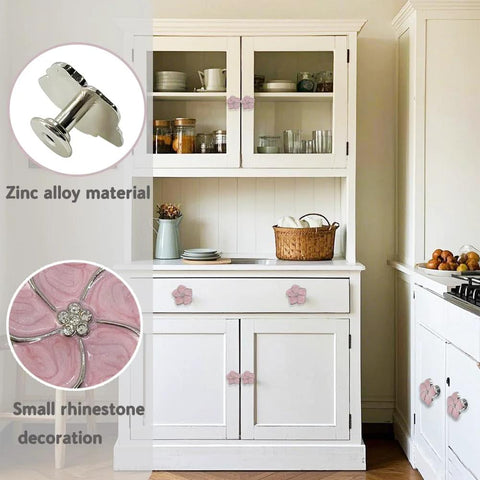 Petal Flower Drawer Pulls Set 4pcs Zinc Alloy Single Hole Handles With Rhinestone Inlays installed on white kitchen cabinets