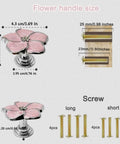 Petal Flower Drawer Pulls Set 4pcs Zinc Alloy Single Hole Handles With Rhinestone Inlays dimensions and screws, pink silver finish