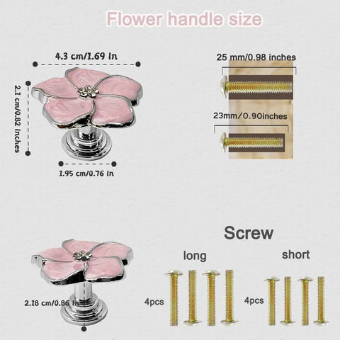 Petal Flower Drawer Pulls Set 4pcs Zinc Alloy Single Hole Handles With Rhinestone Inlays dimensions and screws, pink silver finish