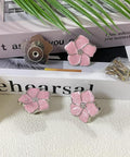 Petal Flower Drawer Pulls Set 4pcs Zinc Alloy Single Hole Handles With Rhinestone Inlays, pink flowers on display with screws
