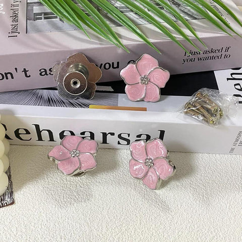 Petal Flower Drawer Pulls Set 4pcs Zinc Alloy Single Hole Handles With Rhinestone Inlays, pink flowers on display with screws