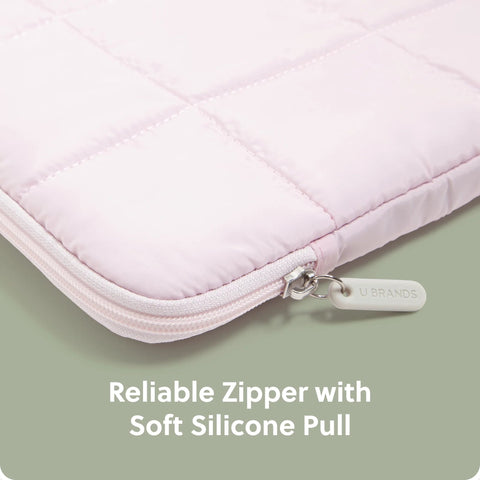 Close-up of petal pink Nylon Puffy Zipper Laptop Sleeve Medium Compatible With MacBook Pro Air Chromebook HP Laptops Up To 14 Inch