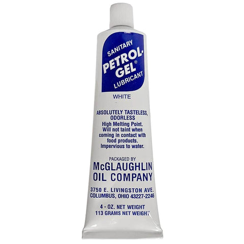 Tube of Petrol-Gel Lubricant, 4oz sanitary food-grade gel by McGlaughlin Oil Company, labeled tasteless and odorless.