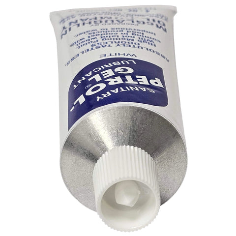 Close-up of Petrol-Gel Lubricant, 4oz tube, showing white cap and sanitary lubricant label for Redco food processors.