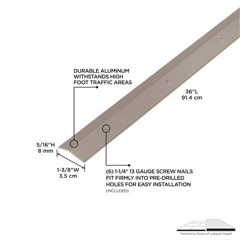 Diagram of 1-3/8 in. X 36 in. Pewter Aluminum Carpet Trim w/Screw Nails showing dimensions and features for flooring transition.