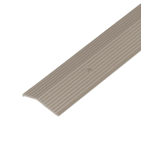 Close-up of 1-3/8 in. X 36 in. Pewter Aluminum Carpet Trim w/Screw Nails showing ridged surface and pewter finish.