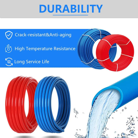 Pex B Pipe One Half Inch 200 Ft Two Rolls Blue And Red Color Coded Tubing highlighting durability and resistance features