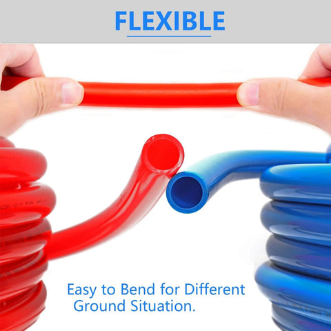 Pex B Pipe One Half Inch 200 Ft Two Rolls Blue And Red Color Coded Tubing With Pipe Cutter shown flexible in hands.