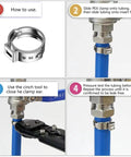 Step-by-step guide showing the RTHIEAI Cinch Clamp Tool Kit For Stainless Steel PEX Clamps Three Eighths To One Inch with installed clamps.