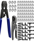 Three Eighths To One Inch Pex Cinch Clamp Tool Kit Includes Cinch Tool Pipe Cutter Seventy Half Inch Clamps Ten Three Quarter Inch Clamps Thirty Piece One Half Inch PPSU Pex Fittings Ten Elbows Ten Tees Ten Couplings For Quick Plumbing. Image shows tools and components.