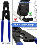 Three Eighths To One Inch Pex Cinch Clamp Tool Kit Includes Cinch Tool Pipe Cutter Seventy Half Inch Clamps Ten Three Quarter Inch Clamps Thirty Piece One Half Inch PPSU Pex Fittings Ten Elbows Ten Tees Ten Couplings For Quick Plumbing kit showing tool and clamps