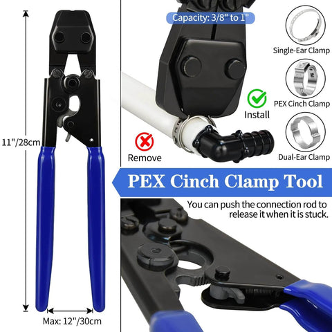Three Eighths To One Inch Pex Cinch Clamp Tool Kit Includes Cinch Tool Pipe Cutter Seventy Half Inch Clamps Ten Three Quarter Inch Clamps Thirty Piece One Half Inch PPSU Pex Fittings Ten Elbows Ten Tees Ten Couplings For Quick Plumbing kit showing tool and clamps