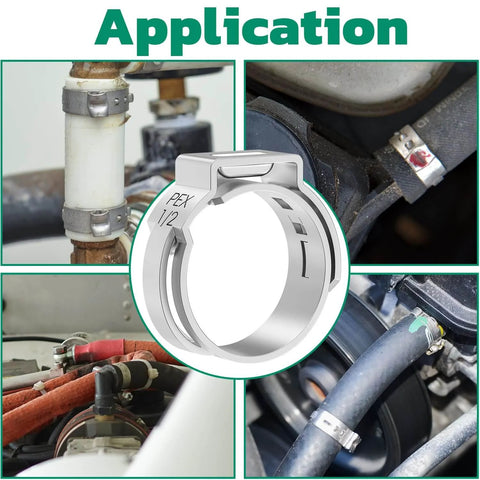120 Piece Pex Crimp Ring And Cinch Clamp Set In 304 Stainless Steel For Pex Tubing Includes Five Sizes Three Eighths Inch One Half Inch Five Eighths Inch Three Quarters Inch And One Inch With Single Ear Hose Clamps And Cinch Clamps In A Handy Storage Box used in plumbing and piping installations.