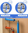 Three Eighths To One Inch Pex Cinch Clamp Tool Kit Includes Cinch Tool Pipe Cutter Seventy Half Inch Clamps Ten Three Quarter Inch Clamps Thirty Piece One Half Inch PPSU Pex Fittings Ten Elbows Ten Tees Ten Couplings For Quick Plumbing shown with clamps and installed pipes.