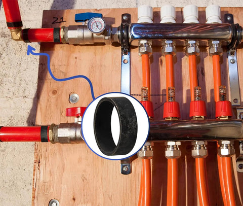 100 Pack One Half Inch PEX Copper Crimp Rings For PEX Pipe Connection And Fittings shown in plumbing system installation