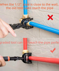 Push to Connect Removal Tool for 1/2, 3/4, and 1 Inch Fittings Quick Disconnect Tongs in use on wall-mounted PEX piping