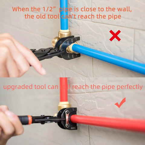 Push to Connect Removal Tool for 1/2, 3/4, and 1 Inch Fittings Quick Disconnect Tongs in use on wall-mounted PEX piping
