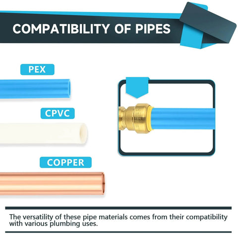 Compatibility of PEX, CPVC, and Copper pipes with brass fitting for Pack Of 2 Push Fit Tee Brass Fittings Three Quarter Inch By Three Quarter Inch By One Half Inch For PEX Copper And CPVC Pipe Tubing With Disconnect Clip No Soldering Quick Install Leak Proof Lead Free CUPC Certified ANSI NSF 61