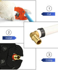 Process of using 100 Pack One Half Inch PEX Copper Crimp Rings For PEX Pipe Connection And Fittings showing cut, install, and crimp steps.