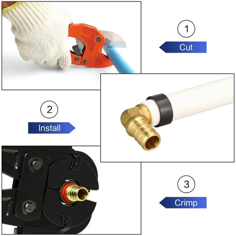 Process of using 100 Pack One Half Inch PEX Copper Crimp Rings For PEX Pipe Connection And Fittings showing cut, install, and crimp steps.