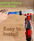 Hand installing a blue hose with a red and black tool against a wooden background, text reads 'Sealing Strong, No Leaking, Easy to Install'.