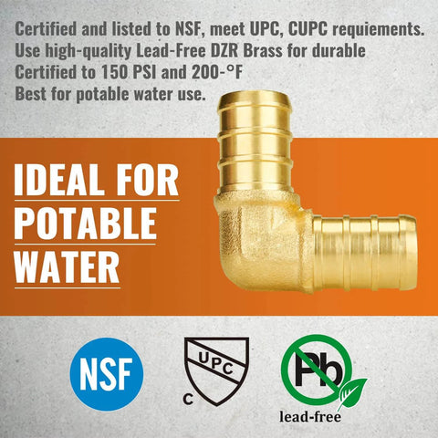 One Half Inch Pex Fittings 25 Pack 90 Degree Elbows Lead Free Brass Plumbing Fittings NSF ANSI 61 Certified UPC Listed