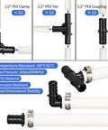 Three Eighths To One Inch Pex Cinch Clamp Tool Kit Includes Cinch Tool Pipe Cutter Seventy Half Inch Clamps Ten Three Quarter Inch Clamps Thirty Piece One Half Inch PPSU Pex Fittings Ten Elbows Ten Tees Ten Couplings For Quick Plumbing, showing PPSU fittings and clamps in use.