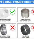 Image of PEX ring compatibility showing expansion sleeve ring compatibility with a PPSU manifold and incompatible alternatives.