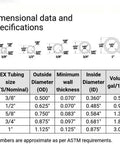 Dimensional specifications chart for PEX tubing sizes, including 3/4 inch data, relevant to Three Quarter Inch 500 Foot PEX Tube Radiant Floor Heating Red EVOH Coated High Pressure Pipe.