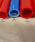 Different sizes of red and blue non-oxygen barrier PEX tubing, highlighting 1-1/4 in size, ideal for heating and plumbing installations.