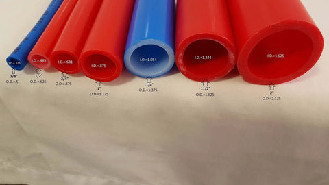 Different sizes of red and blue non-oxygen barrier PEX tubing, highlighting 1-1/4 in size, ideal for heating and plumbing installations.
