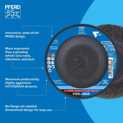 CC Grind Robust Grinding Disc By PFERD For Ultra Aggressive Material Removal In 5 Inch By 0.875 Inch Ceramic packaging front view