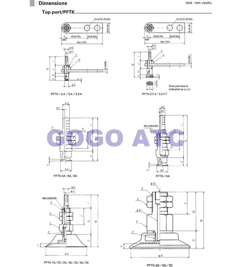 Technical diagram of PFTK 80 Pneumatic Vacuum Suction Cup NBR Nitrile Rubber 15 to 95 Mm for industrial robot gripping heavy duty