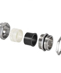 Exploded view of PG11 Metal Cable Gland Waterproof IP68 Five Pack with rubber seal and locknut, shown in metal and rubber components.