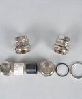 PG11 Metal Cable Gland Waterproof IP68 Five Pack 5 To 10mm Wire Range 18.6mm Thread Outside Diameter 8mm Thread Length Durable Metal Cable Gland With Rubber Seal And Locknut For Rugged Electrical Enclosures components displayed.