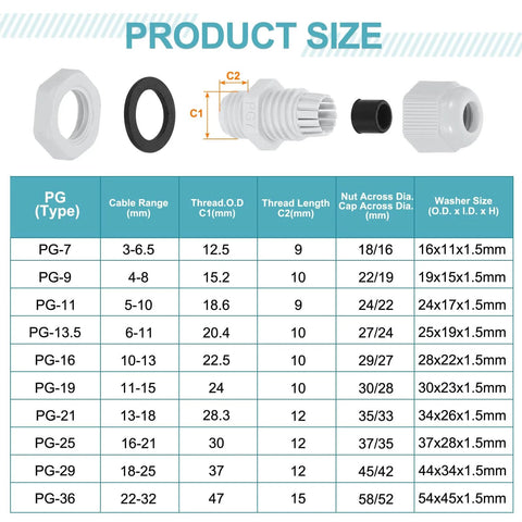 Five Pack PG13.5 Nylon Cable Glands Waterproof Cord Grip Connectors with size chart, washer, and gasket for 6-11mm cables.