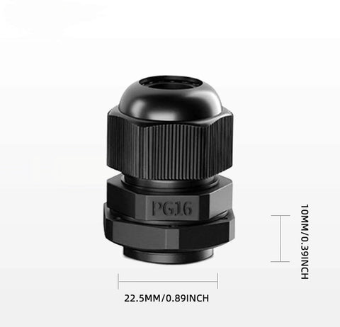 Close-up of 20 Pack PG16 Waterproof Nylon Cable Glands With Gaskets Adjustable 10 14mm Black IP68 Outdoor Grade Cable Gland Connectors