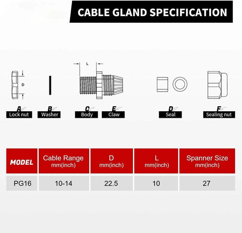 Specifications of 20 Pack PG16 Waterproof Nylon Cable Glands With Gaskets Adjustable 10 14mm Black IP68 Outdoor Grade Cable Gland Connectors