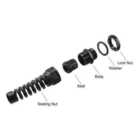 Exploded view of PG21 Cable Gland Waterproof Nylon Joint With Strain Relief For 13 To 18mm Wire IP68 Rated components.