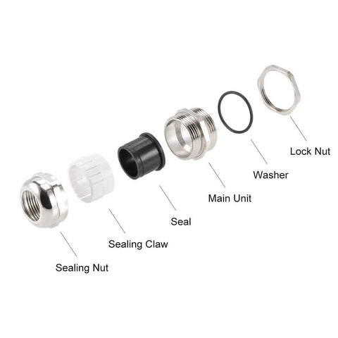 Components of the PG21 Cable Gland 13mm To 18mm Waterproof Metal Joint With Adjustable Locknut And Washer Brass Nickel Plated