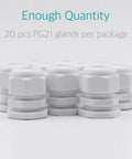 PG21 Cable Gland Kit, 20 white plastic nylon waterproof wire glands connectors fittings displayed, durable PA66 body.