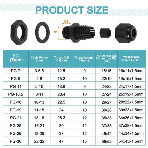Two Pack PG25 Nylon Cable Glands Waterproof Cord Grip Connector With Washers And Locknut Adjustable 16 To 21 Mm Wire Grommet Protectors For Junction Box Black product specification chart.