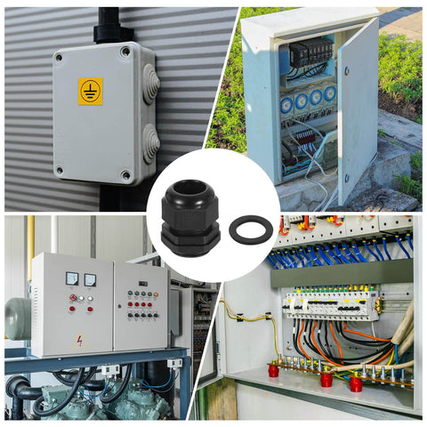Collage showing Two Pack PG25 Nylon Cable Glands Waterproof Cord Grip Connector with washers in use in junction boxes and control panels.