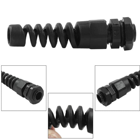 PG7 Cable Gland 10 Pack Waterproof Plastic Glands For 3mm To 6.5mm Wire Holes With Rubber Seal Spiral Flex Strain Relief Protector Black PA66 Easy Install For Outdoor Marine And Industrial Enclosures