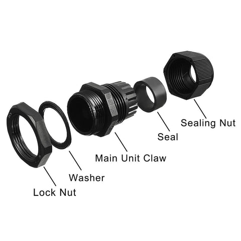 Exploded view of PG7 Waterproof Nylon Cable Gland Joint With Adjustable Locknut For 3mm To 6.5mm Cable Diameters IP68 Seal Dustproof And Acid Resistant Ideal Junction Box Connector For Outdoor And Indoor Applications