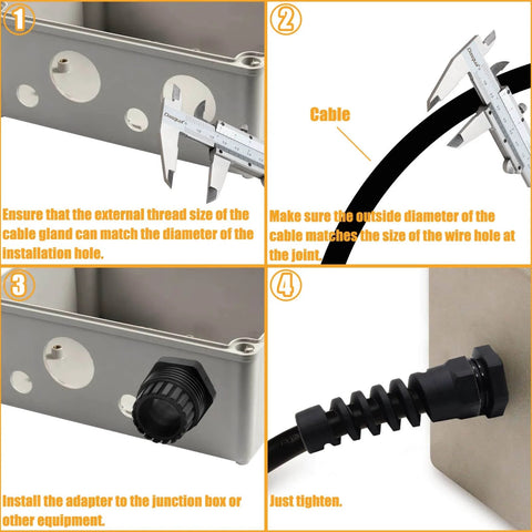 Installation steps for Two Pack PG7 Cable Gland Waterproof IP68 Nylon Joint with adjustable locknut and flex spiral strain relief.
